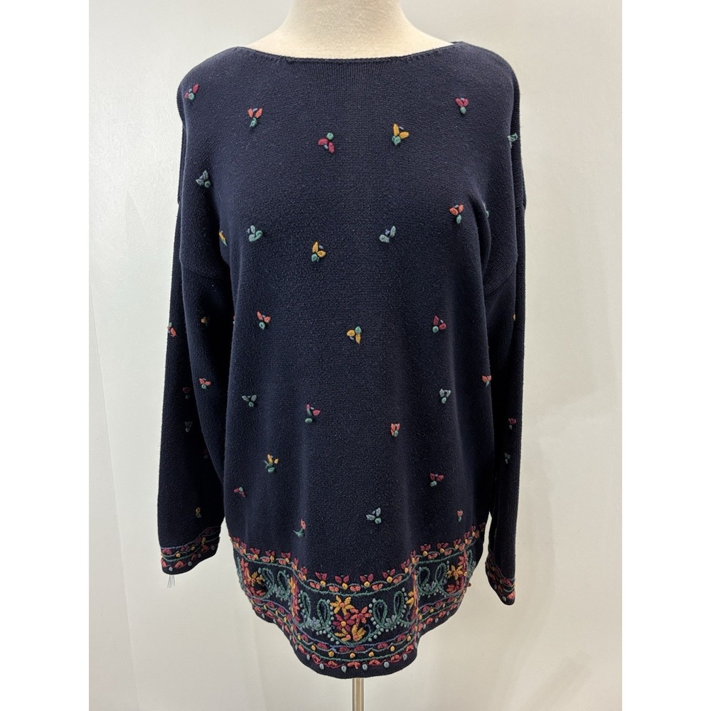 Vtg Tulchan Knit Tunic Sweater Sz Large Women's Blue Cotton Oversized READ